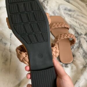 Vacation Apricot Slide Sandals For Women, Braid Detail Double Strap Flat Sandals